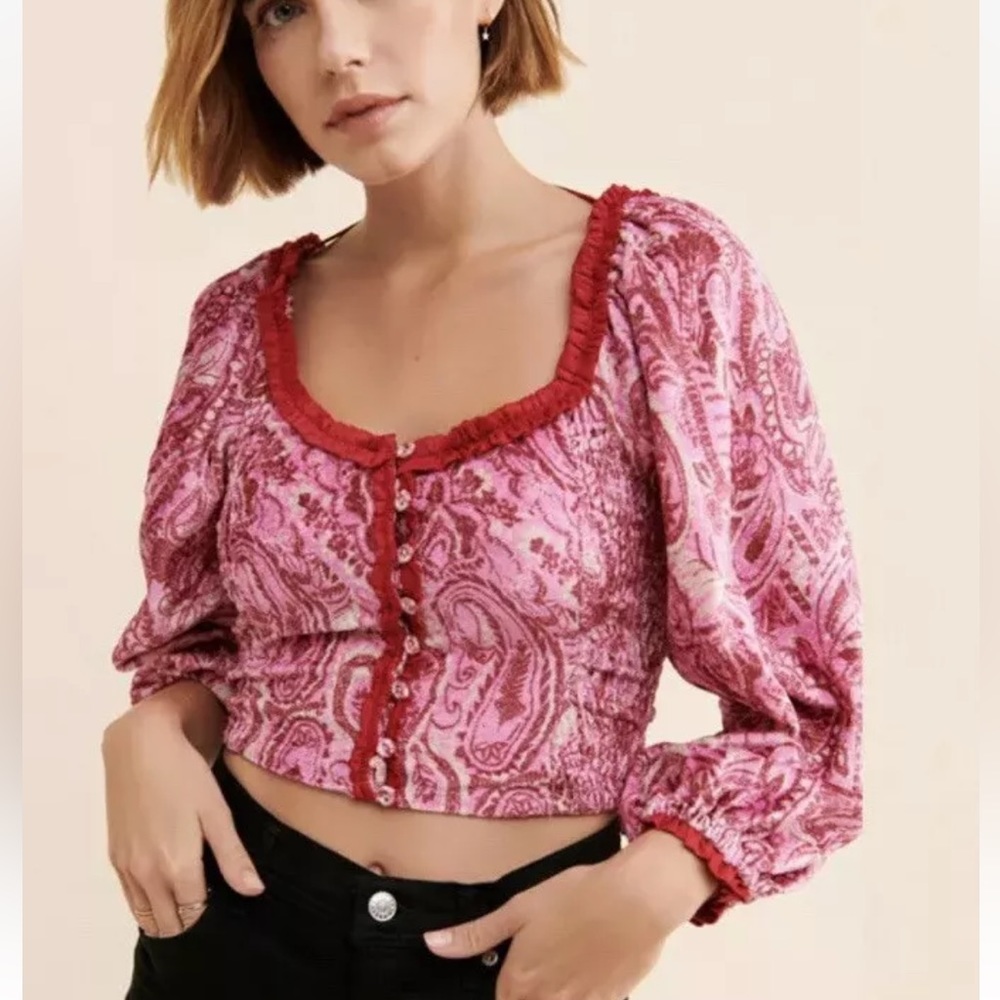 FREE PEOPLE velvet crop top smocked pink red